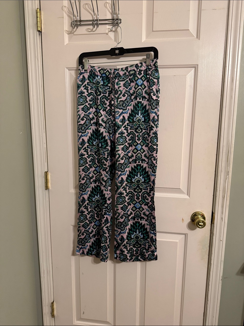 Dries Van Noten Teal, Black & Light Pink Wide-Leg Printed Pants